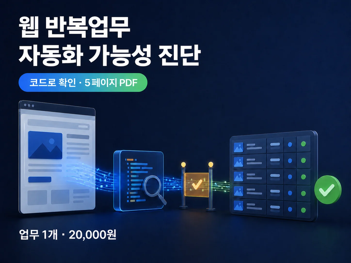 웹 화면, 코드 확인, 사람 승인 지점, 구조화된 데이터와 검증 완료를 표현한 자동화 진단 이미지